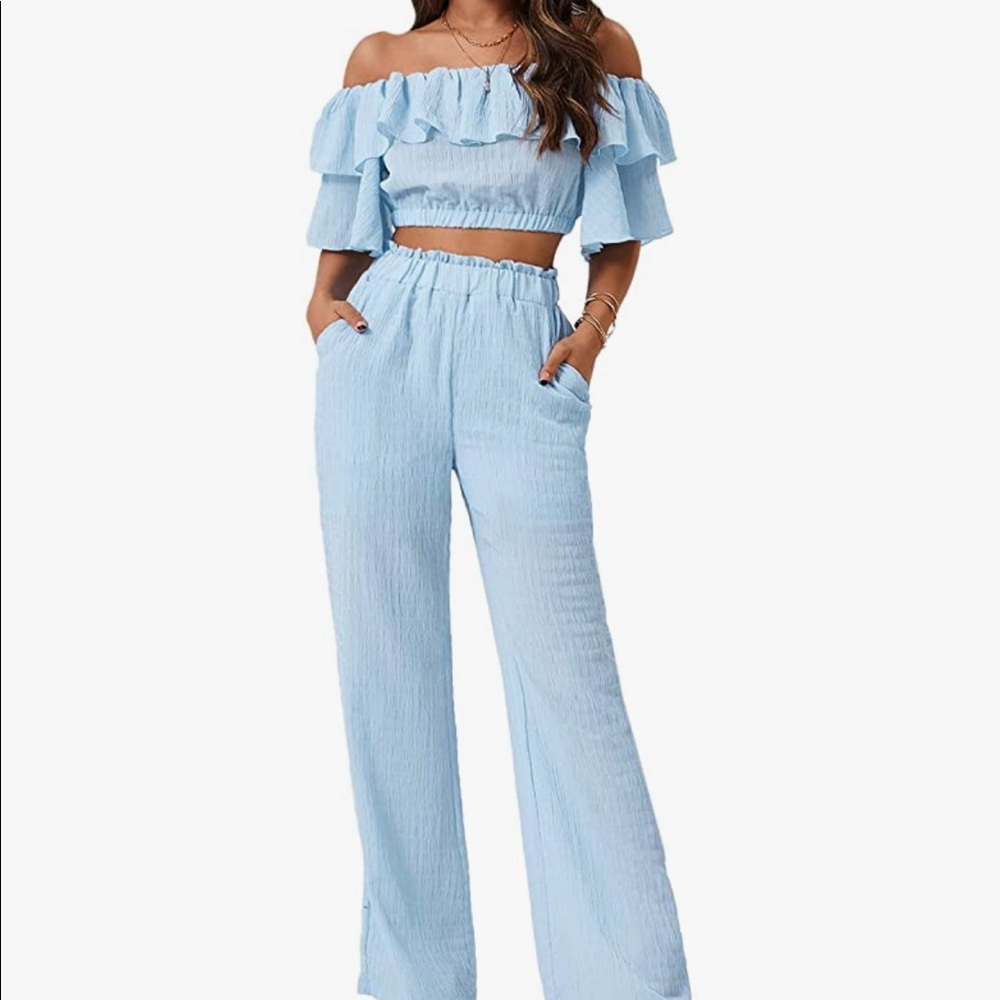 Light Blue Two Piece Crop Top/Pant Set
